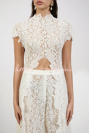 Floral Lace Two-Piece High Neck Top and Wide Leg Pants Set