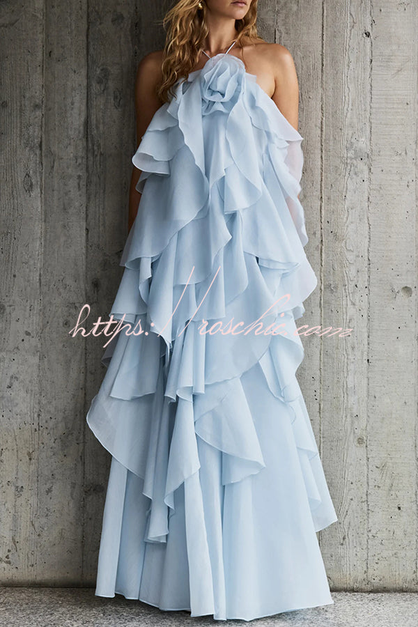 Rose Detail Tiered Ruffle Halter Maxi Dress