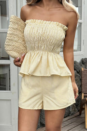 Striped Off-Shoulder Ruched Top & Pocket Shorts Set