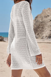 Knit Hollow V-Neck Long Sleeve Mini Cover Up Dress
