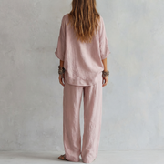 Light Pink Linen Wide-Leg Pants Set for Women