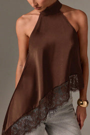 Satin Sleeveless Halter Top – Loose Fit Lace Hem