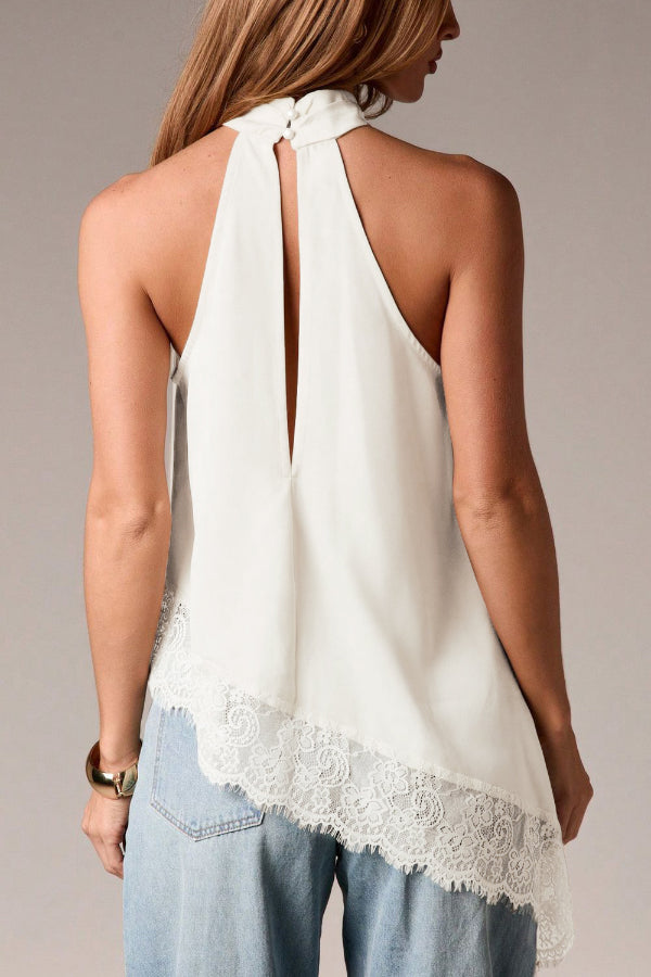 Satin Sleeveless Halter Top – Loose Fit Lace Hem