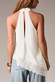 Satin Sleeveless Halter Top – Loose Fit Lace Hem
