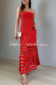 Robe longue en tricot à épaules dénudées et patchwork rustique – Coupe ample