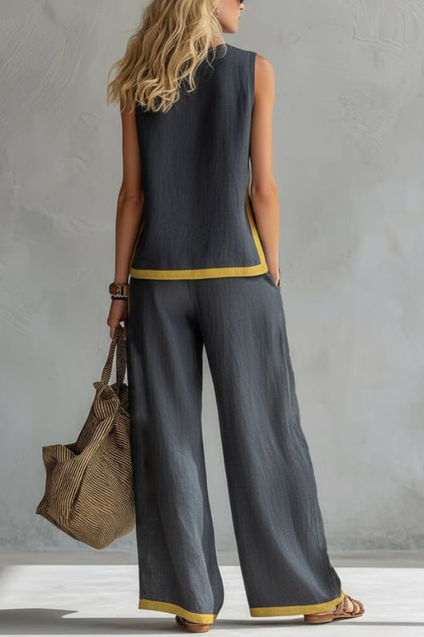 Linen Blend Color-Block Sleeveless Top & Wide-Leg Pants Set