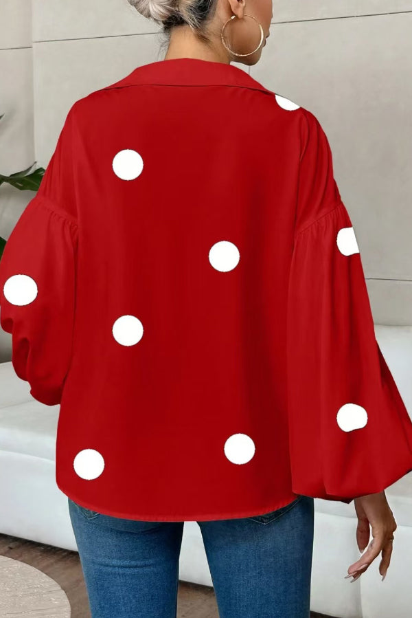 Polka Dot Puff Sleeve Collared Loose Blouse