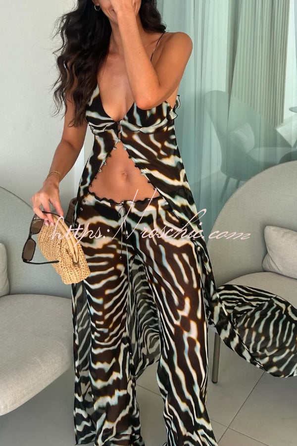 Zebra Print Flared Pants with Drawstring Waist