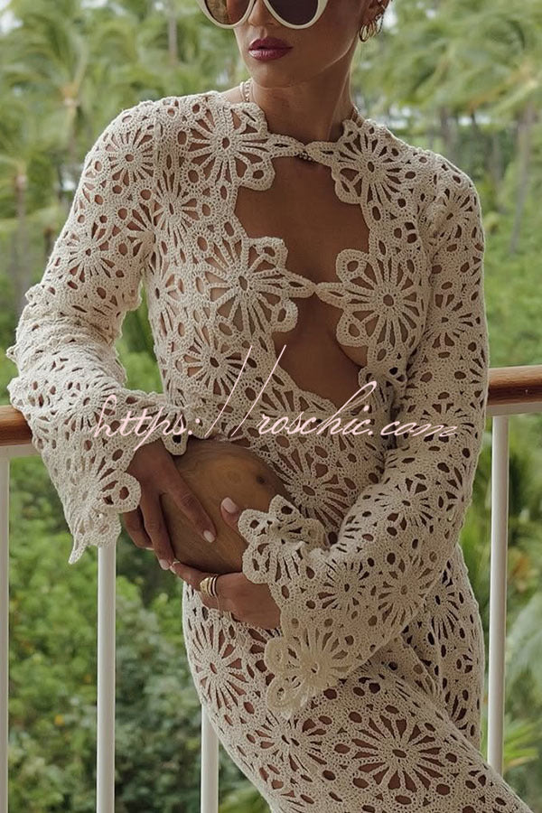 Crochet Knit Cutout Maxi Dress – Reversible Long Sleeve