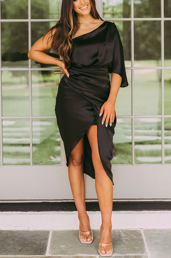 One Shoulder Satin Midi Dress for Parties