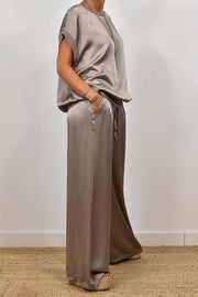 Satin Wide-Leg Pants Set with Short-Sleeve Top