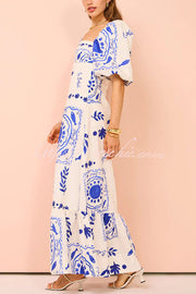 Sherbert Linen Blend Square Neck Bubble Sleeve Maxi Dress