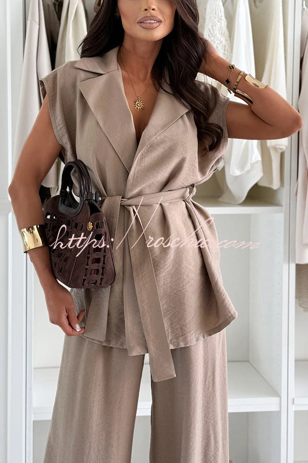 Linen Blend Sleeveless Wide Leg Pants Set with Lapel Top