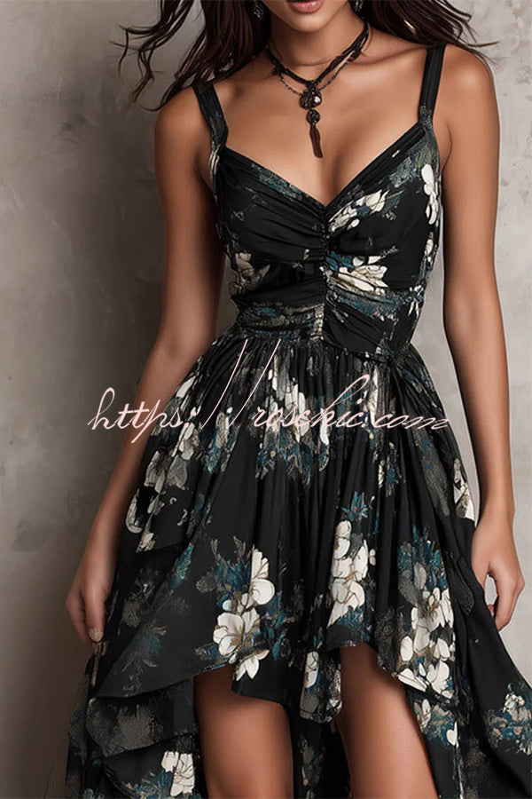Floral High-Low Ruffle Dress – Sleeveless Loose Fit