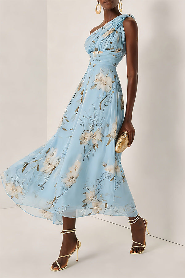 One-Shoulder Floral Maxi Dress – Loose Vacation Style