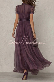 Lace Trim Keyhole Puff Sleeve Chiffon Maxi Dress