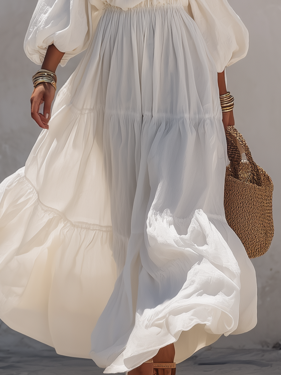 White Off-Shoulder Tiered Maxi Dress for Women