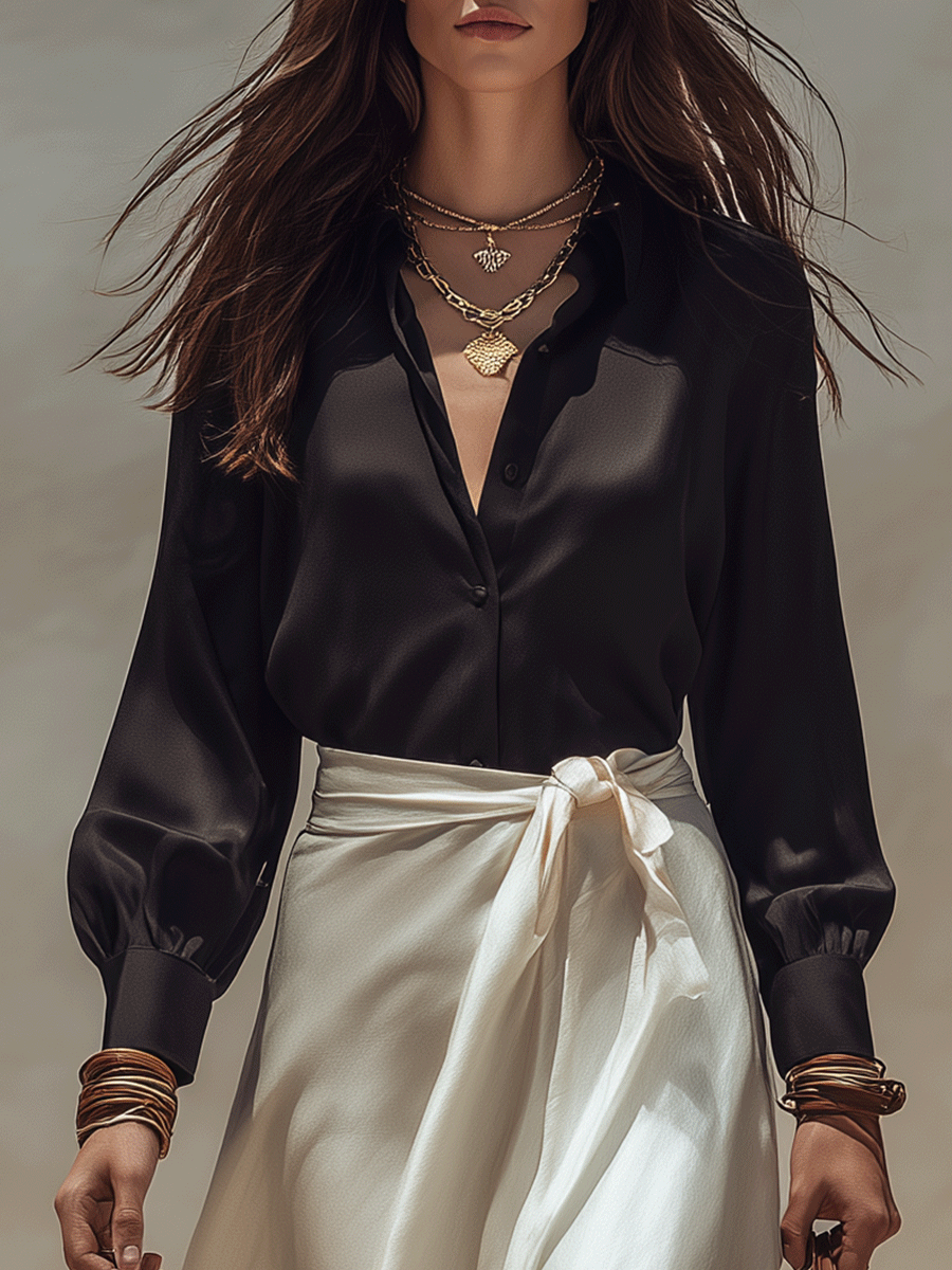 Satin Blouse & Wrap Midi Skirt Set | Two-Piece Coord