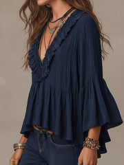Deep Blue Ruffle Long Sleeve Boho Blouse