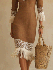 Tassel Hem Mocha Bodycon Midi Dress for Vacation