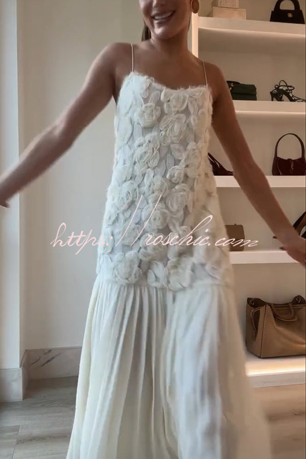 Floral Applique Pleated Chiffon Maxi Slip Dress