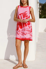 Printed Sleeveless Mini Dress with Pockets – Loose Fit