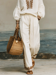 Linen Embroidery Wide-Leg Pants Set | Vacation Two-Piece