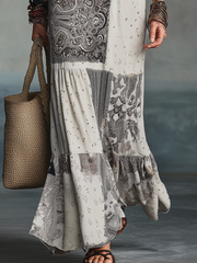Ivory Patchwork Print Boho Maxi Dress | Floral Geometric