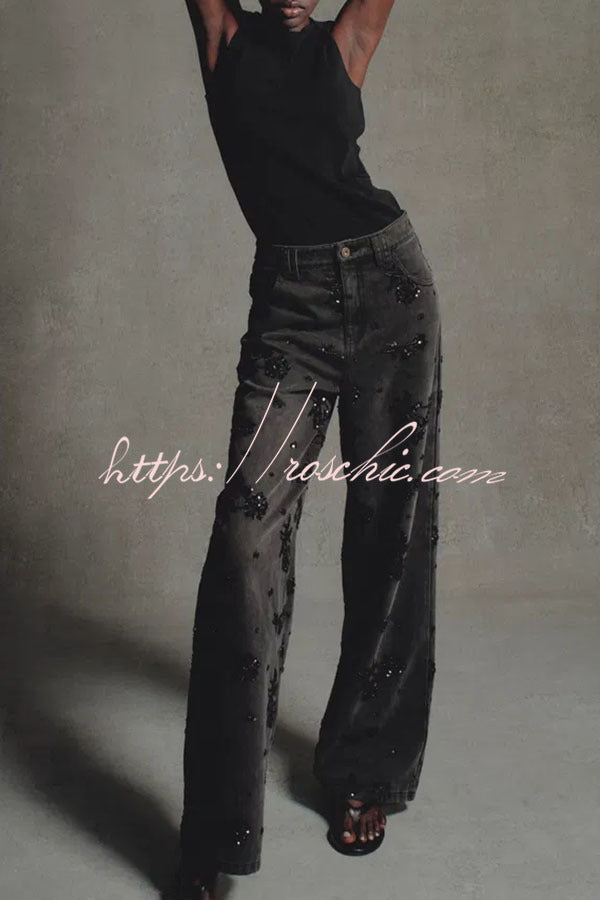 Beaded Sequin Floral Wide Leg Jeans Mid Rise with Pockets