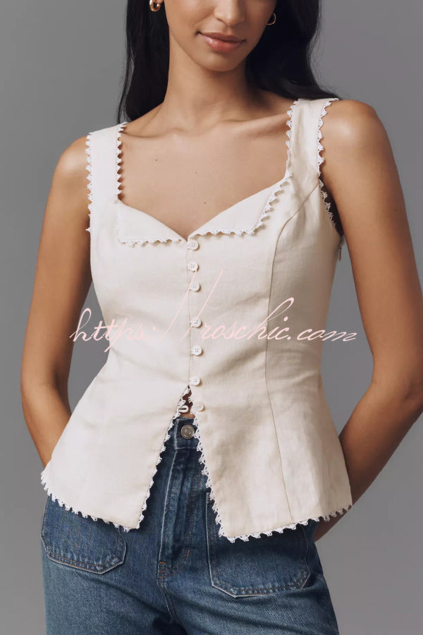 Lace-Trim V-Neck Sleeveless Vest | Linen Blend Slim Fit