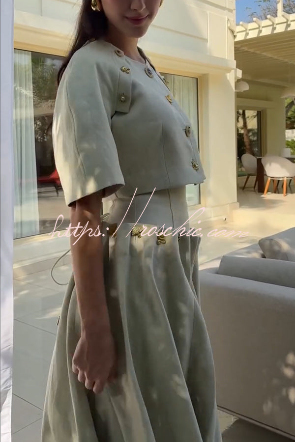 Linen Blend Crop Jacket with Metal Pattern Buttons & Slit Sleeves