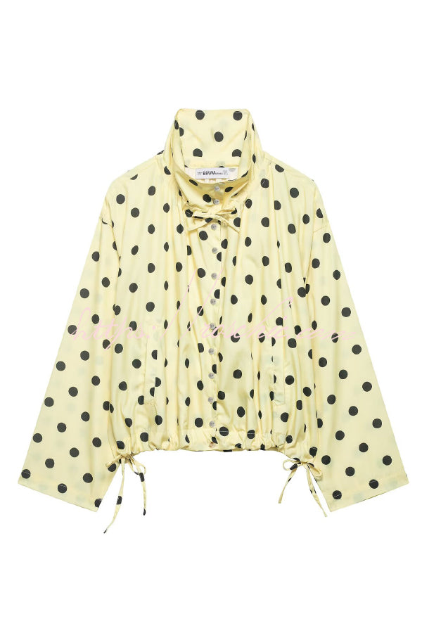 Polka Dot Loose Jacket with Stand Collar & Bow Tie Detail