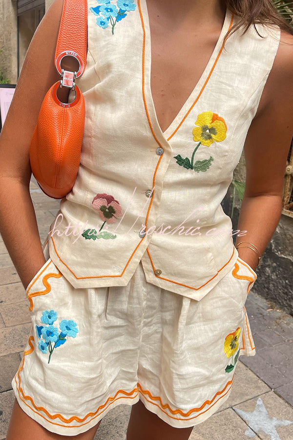 Ensemble gilet et short en lin mélangé à fleurs