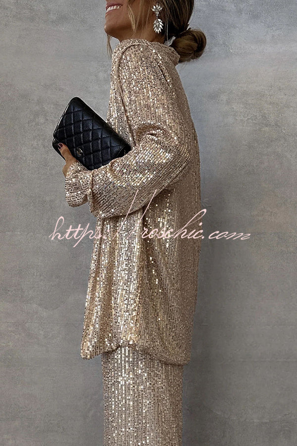 Sequin Open Front Long Sleeve Drape Coat