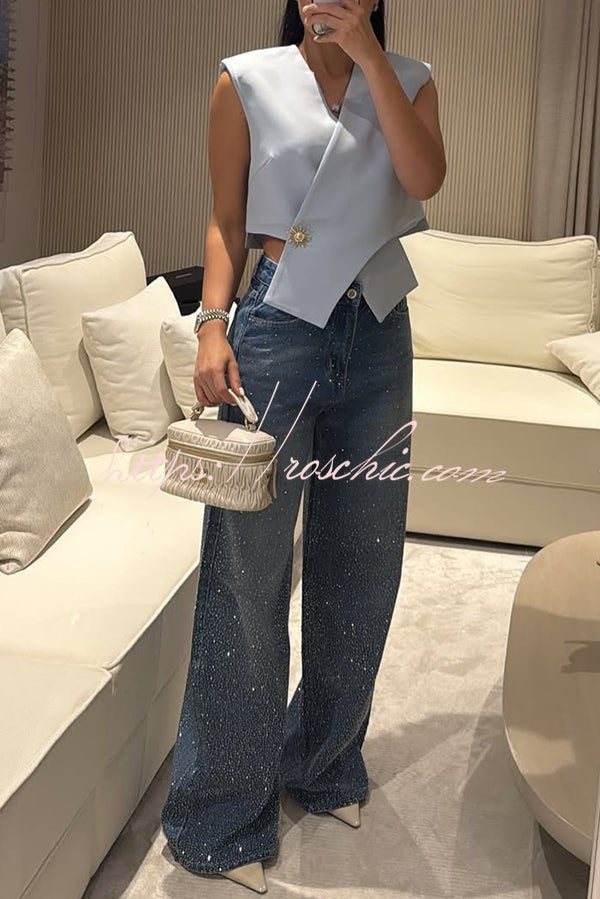 Jean droit ample taille haute en strass avec poches