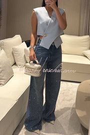 Jean droit ample taille haute en strass avec poches