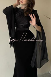 Ruched Organza Satin Patchwork Maxi Dress with Bell Sleeves