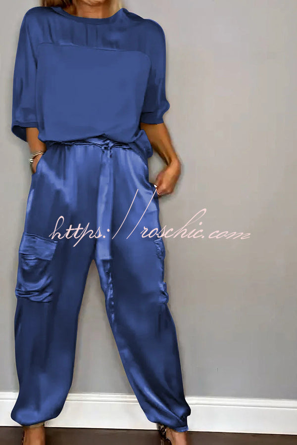 Satin Half-Sleeve Top & Elastic Waist Pants Set