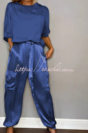 Satin Half-Sleeve Top & Elastic Waist Pants Set