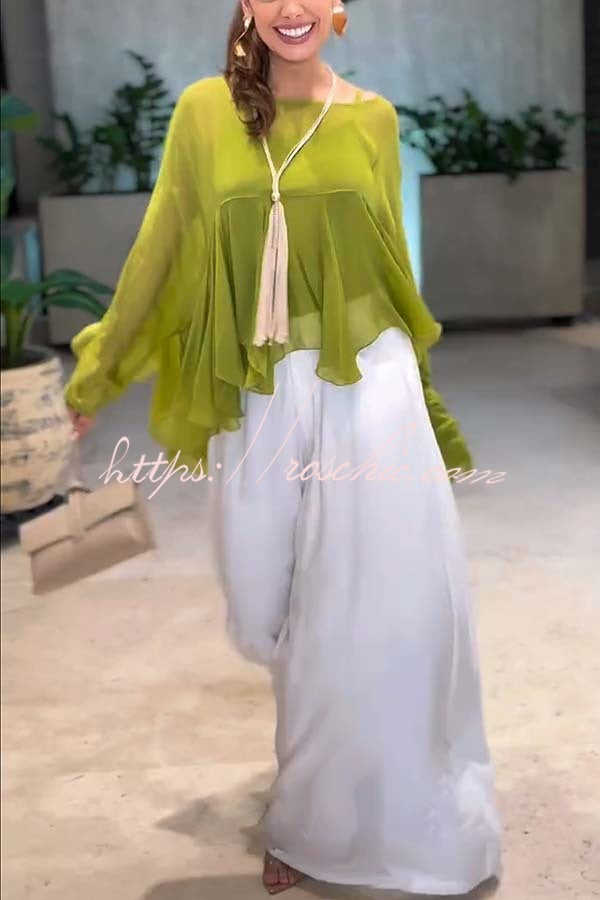 Chiffon Ruffle Batwing Top & Loose Pants Set – Vacation