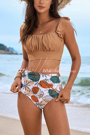 Botanical Print Ruffled Bikini Set | Square Neck Swimsuit