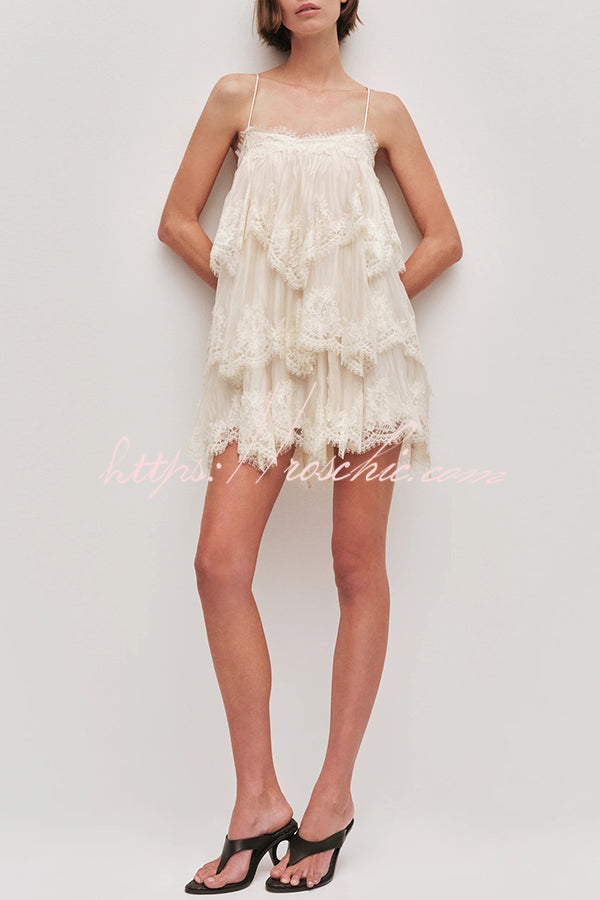 Layered Lace Trim Chiffon Backless Mini Dress with Adjustable Straps