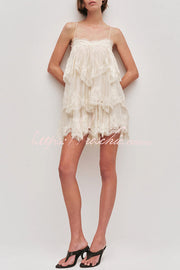 Layered Lace Trim Chiffon Backless Mini Dress with Adjustable Straps