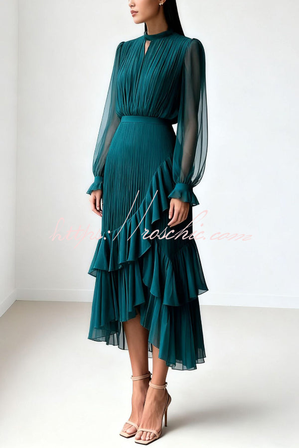 Ruffle Midi Dress Long Sleeve Round Neck Fitted Waist