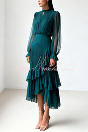 Ruffle Midi Dress Long Sleeve Round Neck Fitted Waist
