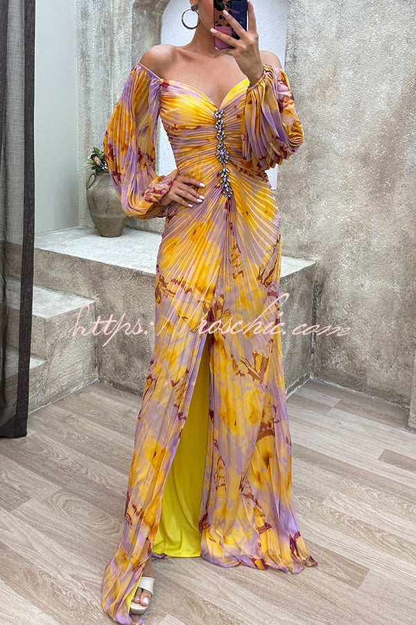 Off Shoulder Printed Pleated Maxi Dress with Diamond Detail