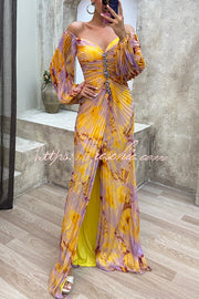 Off Shoulder Printed Pleated Maxi Dress with Diamond Detail