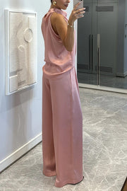 Satin Cowl Neck Top & Loose Pants Set | Sleeveless Two-Piece