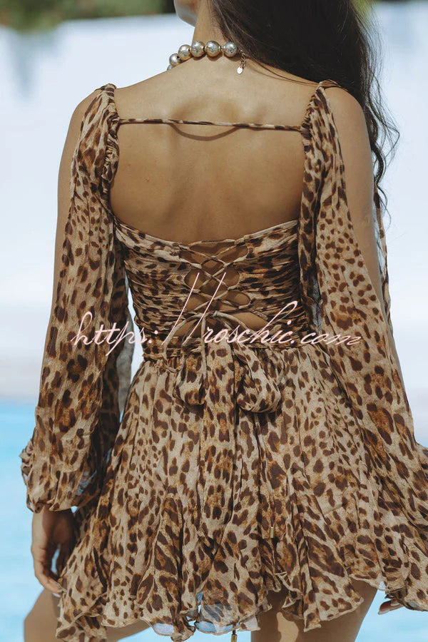 Chiffon Balloon Sleeve Mini Dress with V Neck & Back Lace-Up