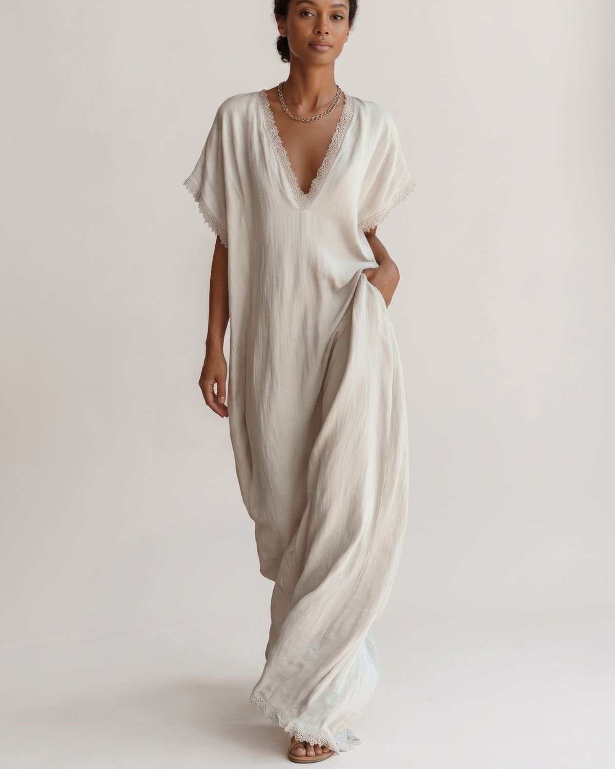 Lace-Trim Linen Cotton Maxi Dress